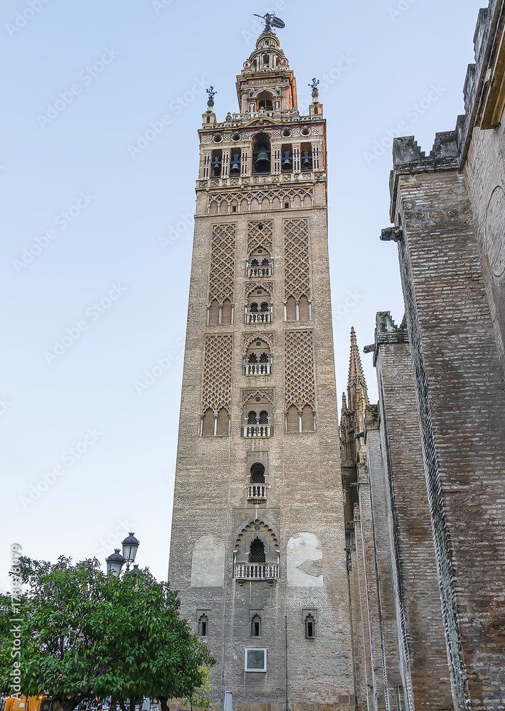 Giralda tower in Seville Cathedral of Saint Mary of the See (Seville Cathedral) on a sunny day