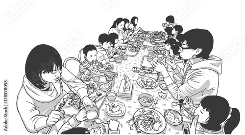 Isolated illustration of young mothers with children talking and having dinner at restaurant in black and white