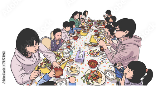 Isolated illustration of young mothers with children talking and having dinner at restaurant in color