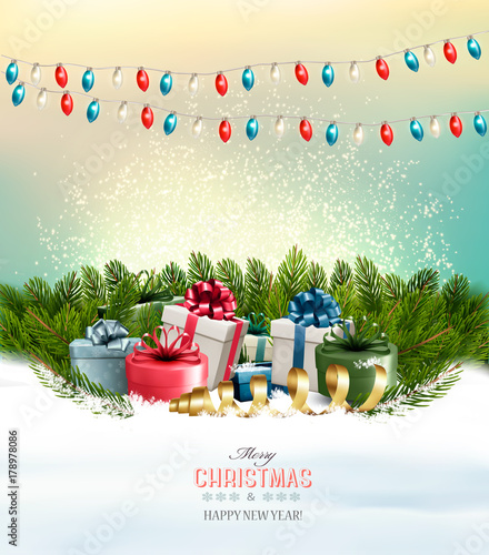 Holiday Christmas background with a gift boxes and garland. Vector