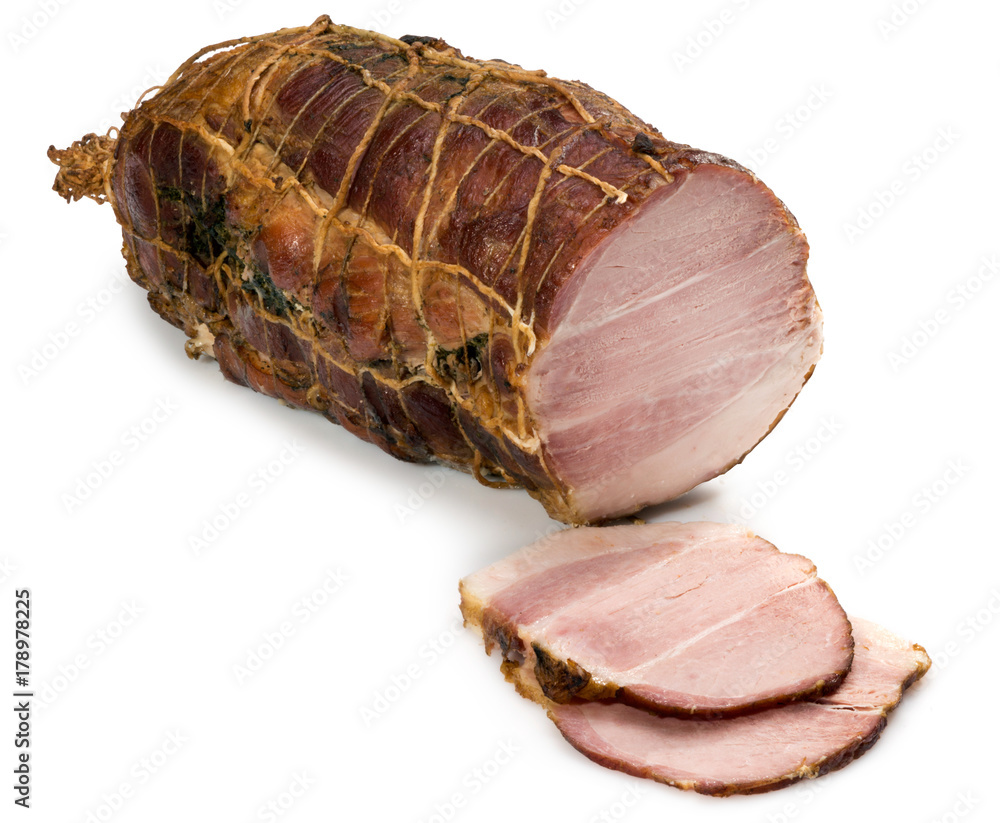 Piece of ham with slices on white background. Piece of ham with slices on white background.