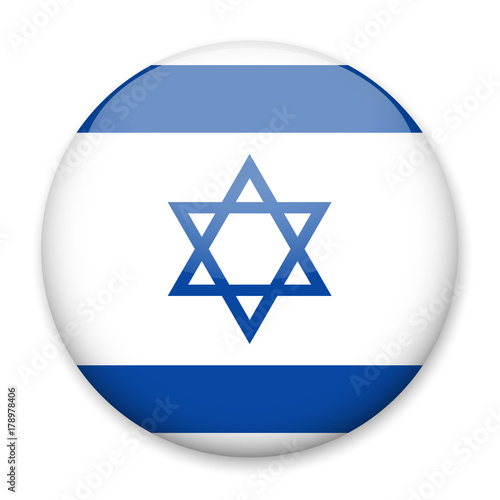 Flag of Israel in the form of a round button with a light glare and a shadow. The symbol of Independence Day, a souvenir, a button for switching the language on the site, an icon.