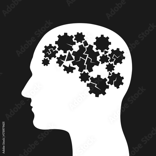Head with broken cogwheels as damage of brain - mental disorder, disease and illness (alzheimer, personality disintegration, psychosis, psychopath, dementia, behavioral problem and trouble