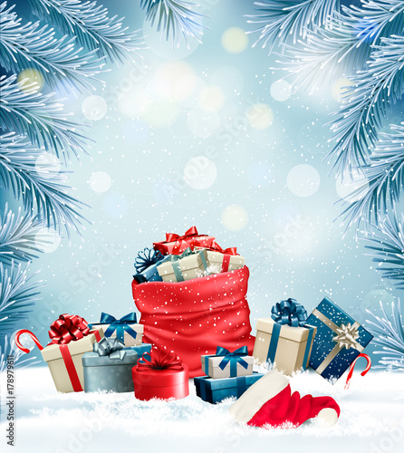 Holiday Christmas background with a sack full of gift boxes and branches of tree. Vector.