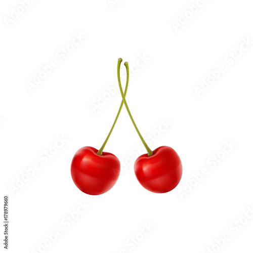 Red cherry. Two ripe berries with stalk. Sweet fruits. Cherries isolated on transparent background