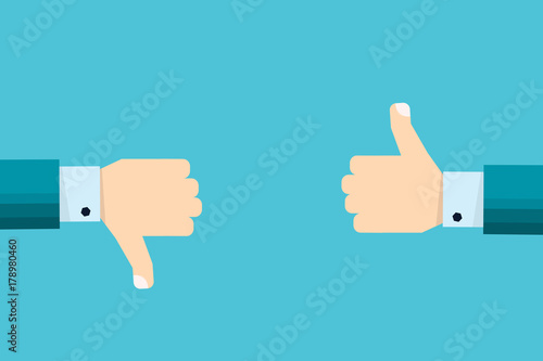 Hand of businessman with thumbs up and down, like dislike icons for social network