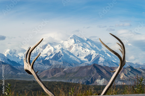 Deer horns with Mount Mckinley in the background, Denali National Park, Alaska photo