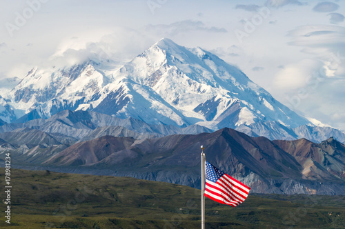 Mount Mckinley with american flag, Denali National Park, Alaska