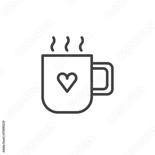 Mug with hot drink and heart line icon, outline vector sign, linear style pictogram isolated on white. Love and valentine's day symbol, logo illustration. Editable stroke