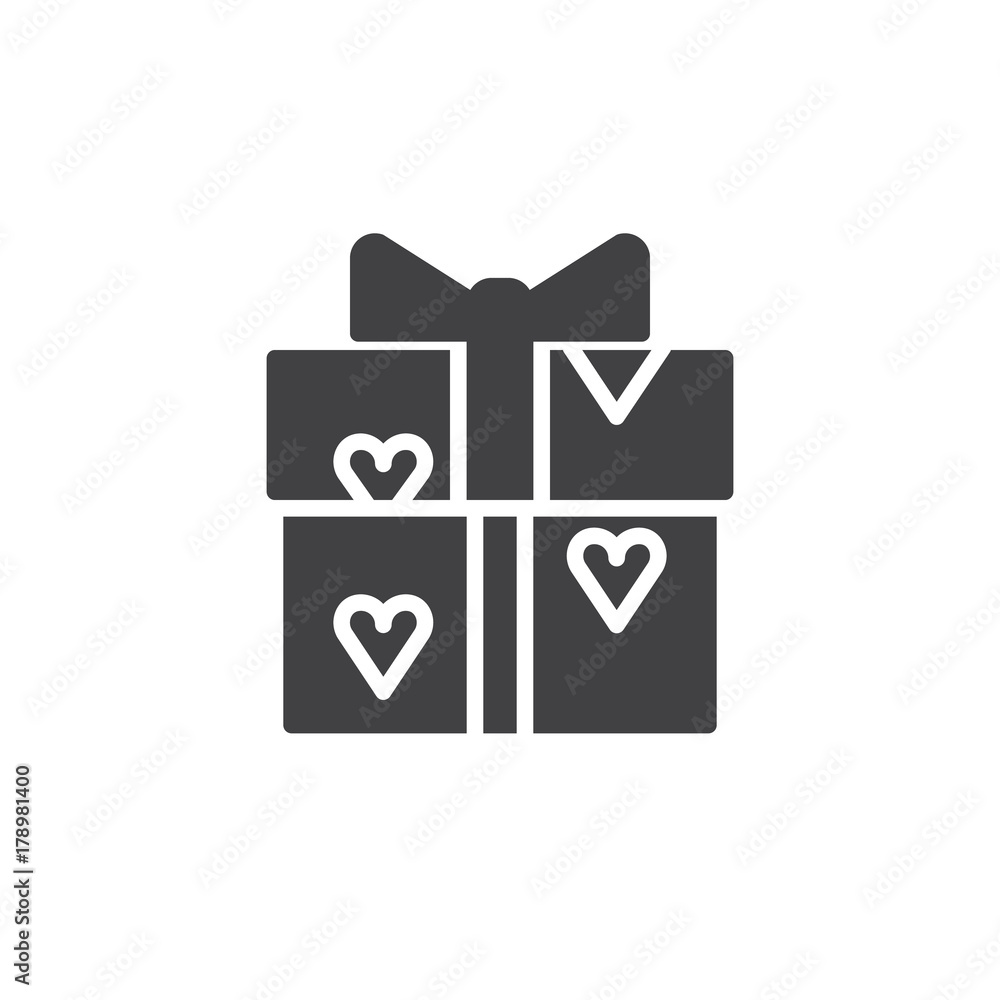 Gift with hearts icon vector, filled flat sign, solid pictogram isolated on white. Symbol, logo illustration. Gift with hearts icon vector, filled flat sign, solid pictogram isolated on white. Symbol, logo illustration.