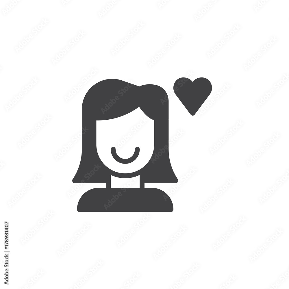 Woman in love and heart icon vector, filled flat sign, solid pictogram isolated on white. Symbol, logo illustration. Woman in love and heart icon vector, filled flat sign, solid pictogram isolated on white. Symbol, logo illustration.