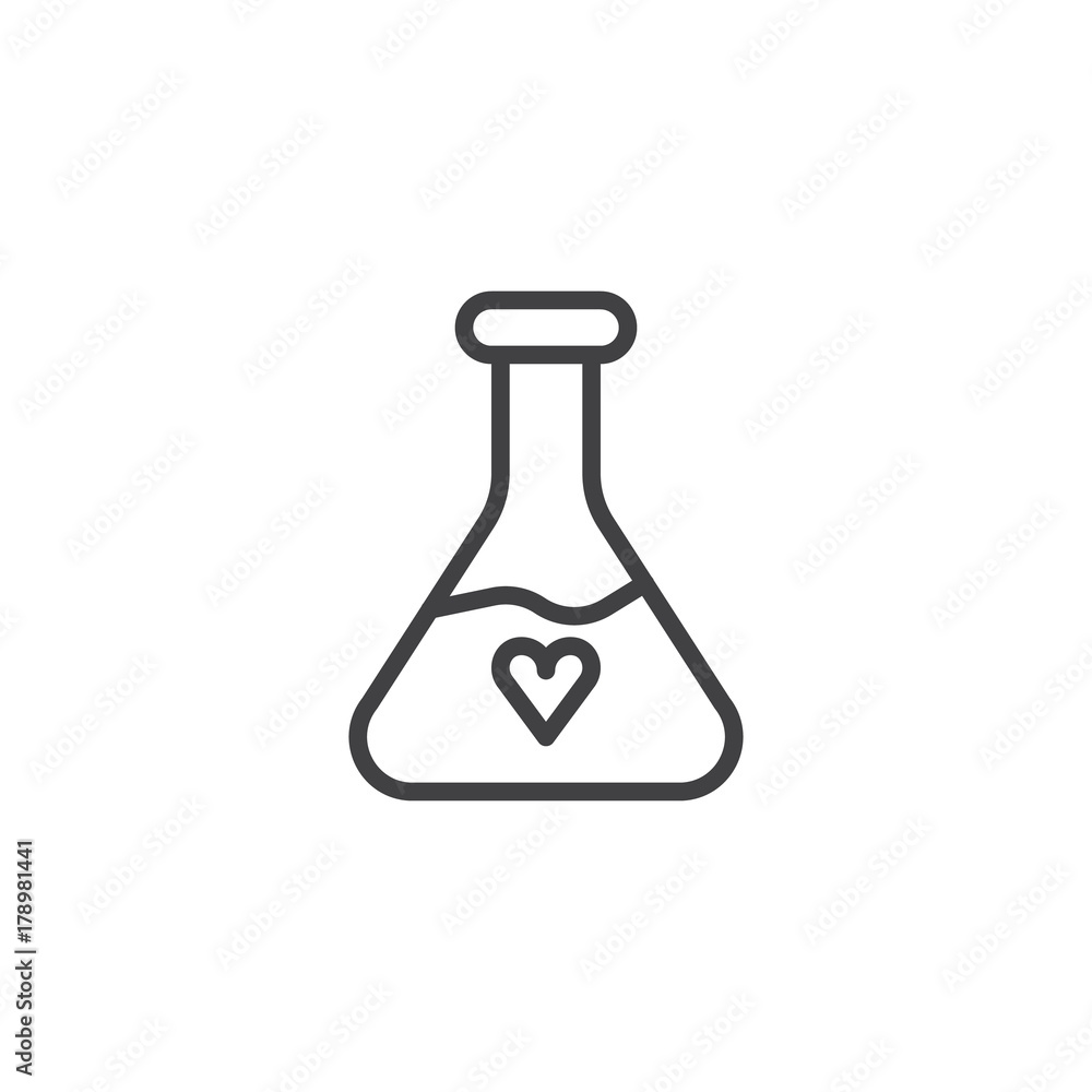Potion with heart line icon, outline vector sign, linear style pictogram isolated on white. Symbol, logo illustration. Editable stroke Potion with heart line icon, outline vector sign, linear style pictogram isolated on white. Symbol, logo illustration. Editable stroke