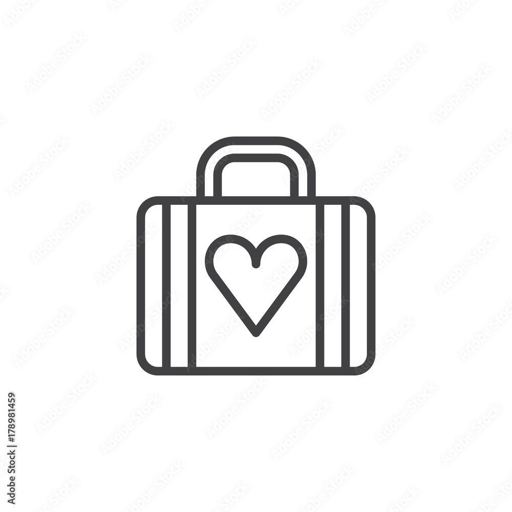 Luggage with heart line icon, outline vector sign, linear style pictogram isolated on white. Symbol, logo illustration. Editable stroke Luggage with heart line icon, outline vector sign, linear style pictogram isolated on white. Symbol, logo illustration. Editable stroke