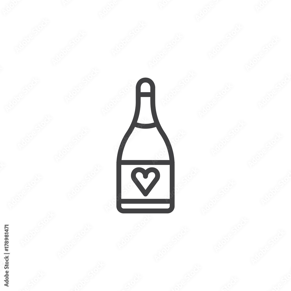 Champagne bottle with heart line icon, outline vector sign, linear style pictogram isolated on white. Symbol, logo illustration. Editable stroke Champagne bottle with heart line icon, outline vector sign, linear style pictogram isolated on white. Symbol, logo illustration. Editable stroke