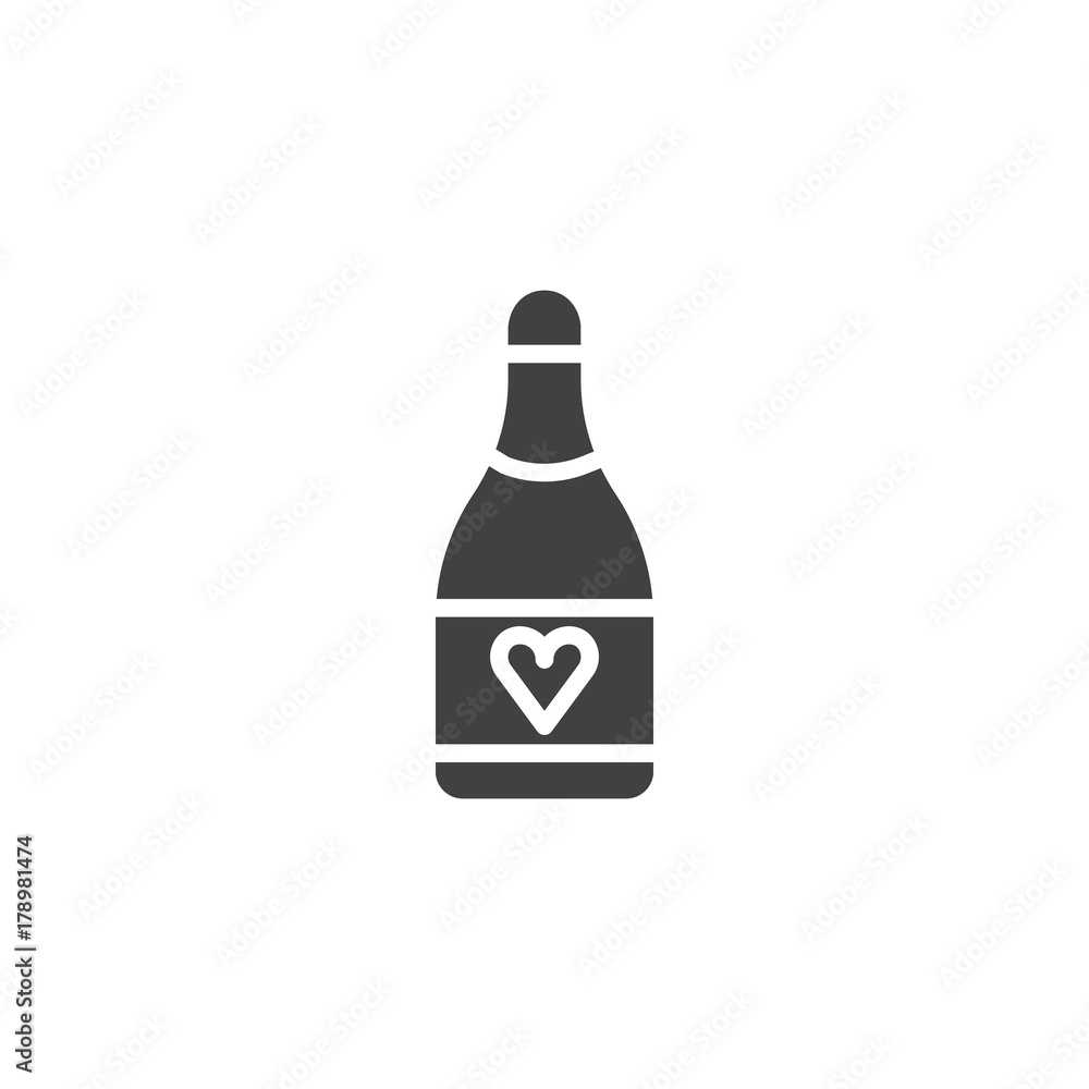 Champagne bottle with heart icon vector, filled flat sign, solid pictogram isolated on white. Symbol, logo illustration. Champagne bottle with heart icon vector, filled flat sign, solid pictogram isolated on white. Symbol, logo illustration.