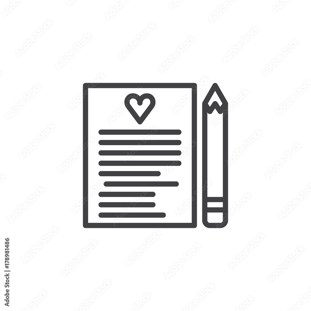 Love letter with heart and pen line icon, outline vector sign, linear style pictogram isolated on white. Love message symbol, logo illustration. Editable stroke Love letter with heart and pen line icon, outline vector sign, linear style pictogram isolated on white. Love message symbol, logo illustration. Editable stroke