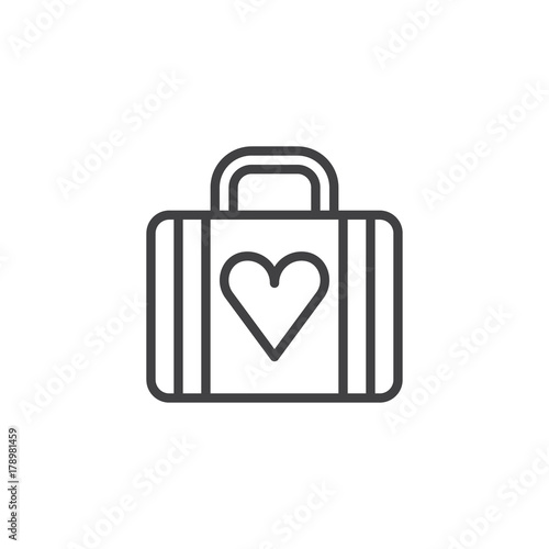 Luggage with heart line icon, outline vector sign, linear style pictogram isolated on white. Symbol, logo illustration. Editable stroke
