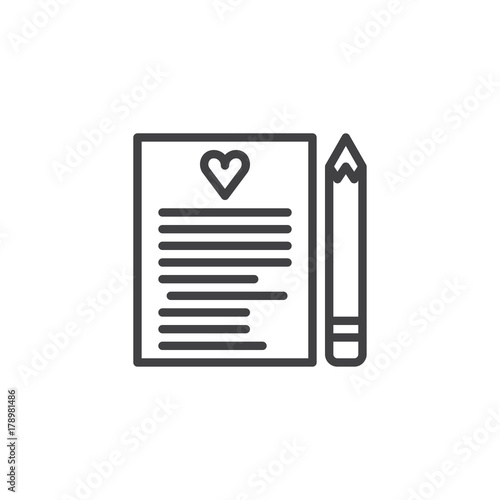 Love letter with heart and pen line icon, outline vector sign, linear style pictogram isolated on white. Love message symbol, logo illustration. Editable stroke © alekseyvanin