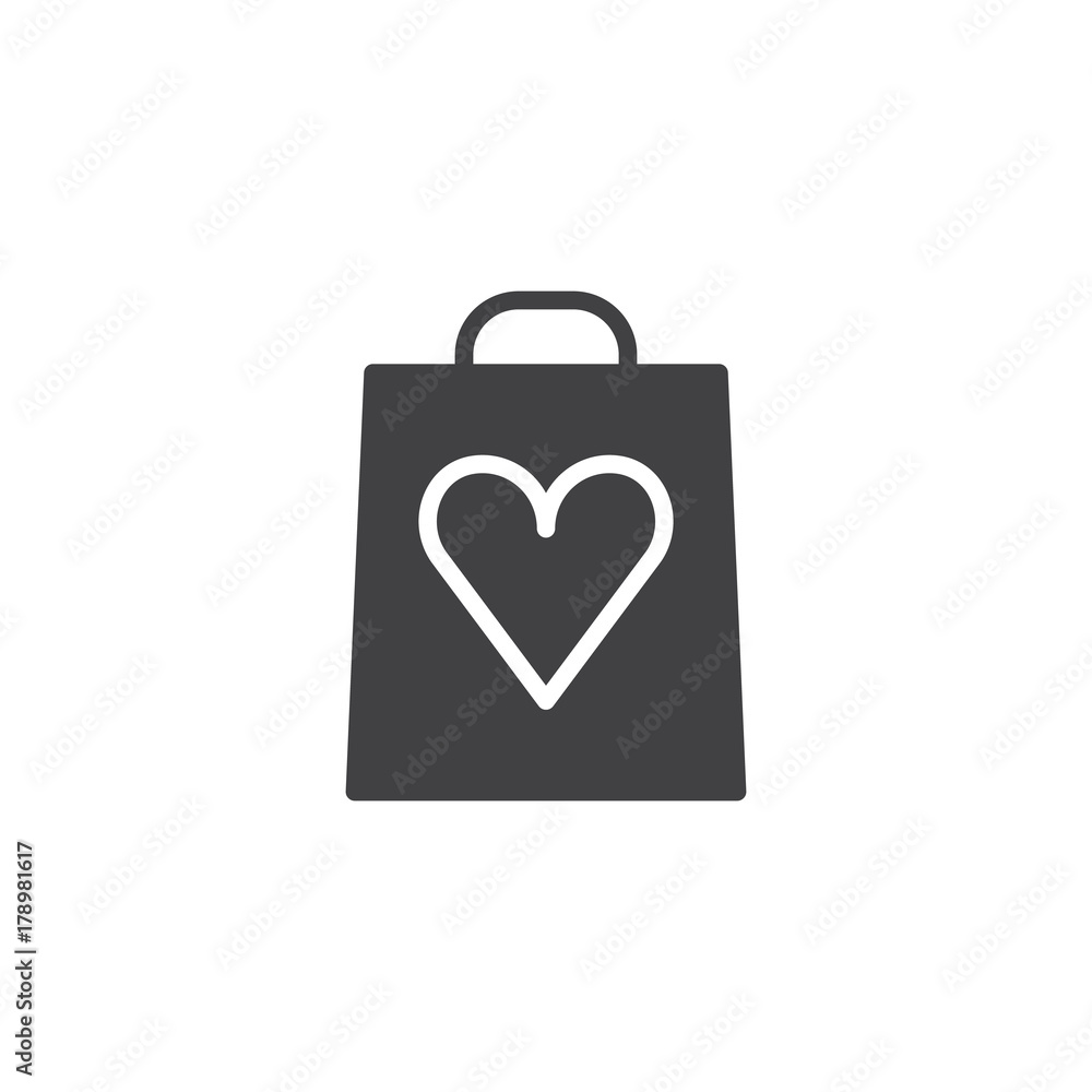Shopping bag with heart icon vector, filled flat sign, solid pictogram isolated on white. Valentine's day present symbol, logo illustration. Shopping bag with heart icon vector, filled flat sign, solid pictogram isolated on white. Valentine's day present symbol, logo illustration.
