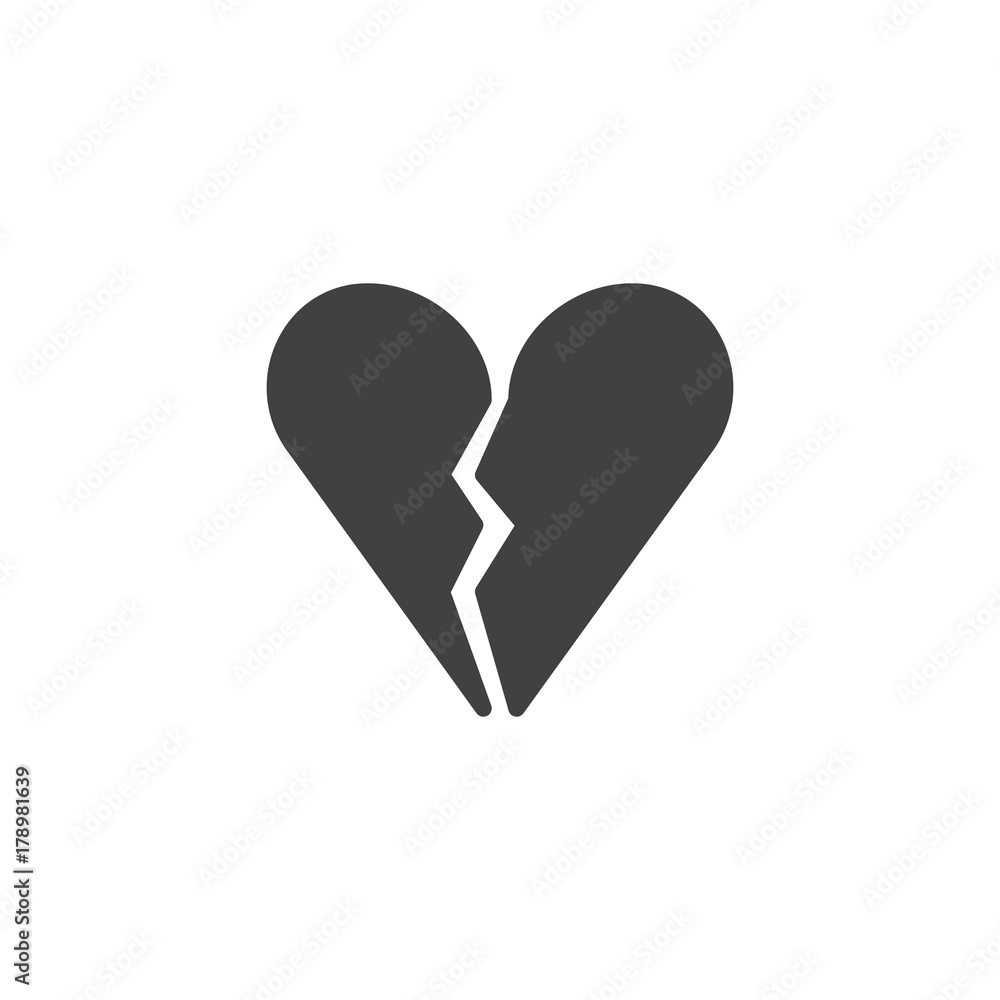 Broken heart icon vector, filled flat sign, solid pictogram isolated on white. End of love symbol, logo illustration. Broken heart icon vector, filled flat sign, solid pictogram isolated on white. End of love symbol, logo illustration.