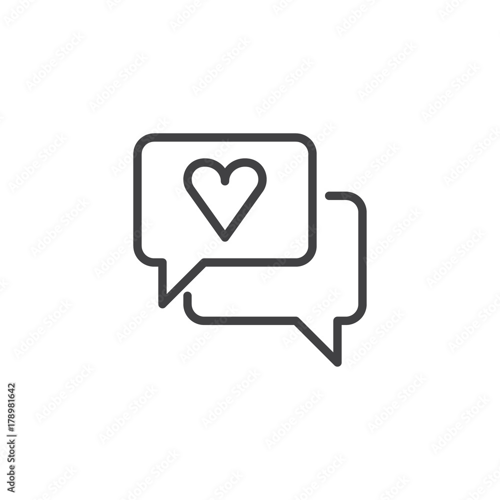 Speech bubble with heart line icon, outline vector sign, linear style pictogram isolated on white. Love chat message symbol, logo illustration. Editable stroke Speech bubble with heart line icon, outline vector sign, linear style pictogram isolated on white. Love chat message symbol, logo illustration. Editable stroke