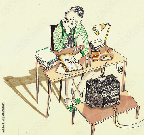 Man thinking sits on chair while watching news on tv