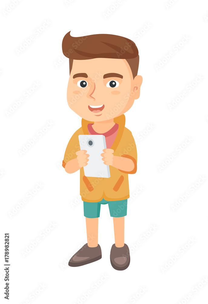 Caucasian boy using a smartphone. Little boy with smartphone. Boy addicted to his smartphone. Smiling boy playing game on mobile phone. Vector sketch cartoon illustration isolated on white background.