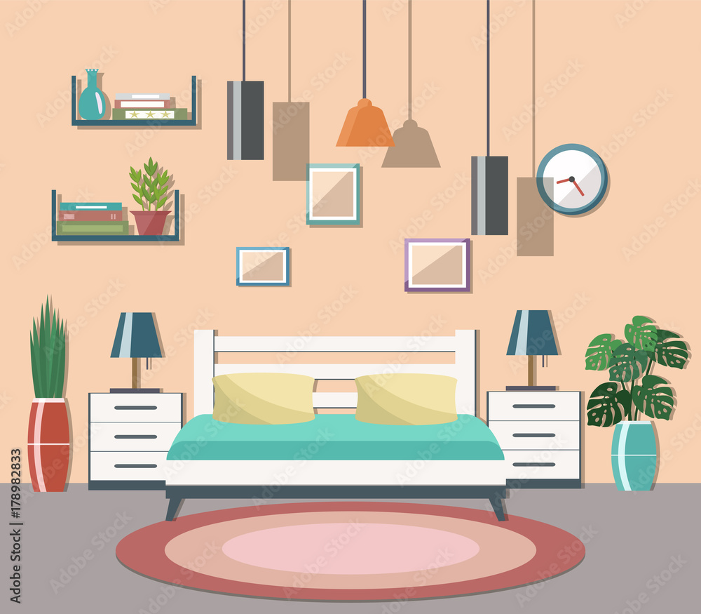 Bedroom interior. Flat design vector illustration. Bedroom interior. Flat design vector illustration.