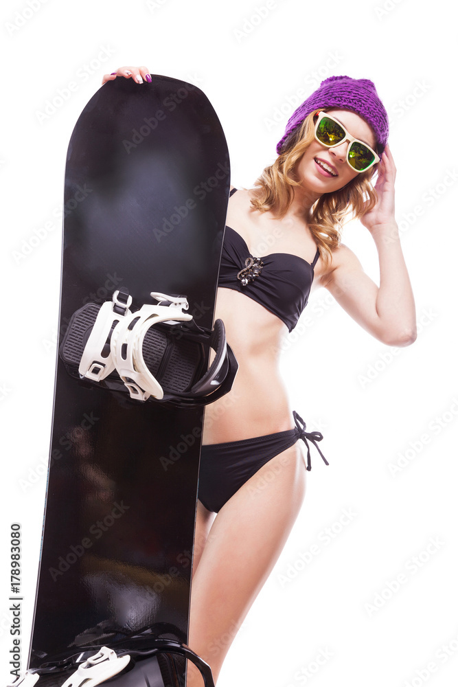 young pretty woman in black bikini hold snowboard young pretty woman in black bikini hold snowboard