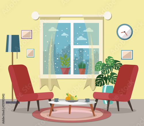 Cozy living room interior with furniture. Flat design