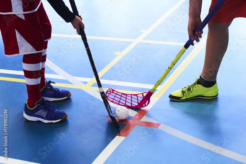 Fotografie Close view of floorball players during mach n