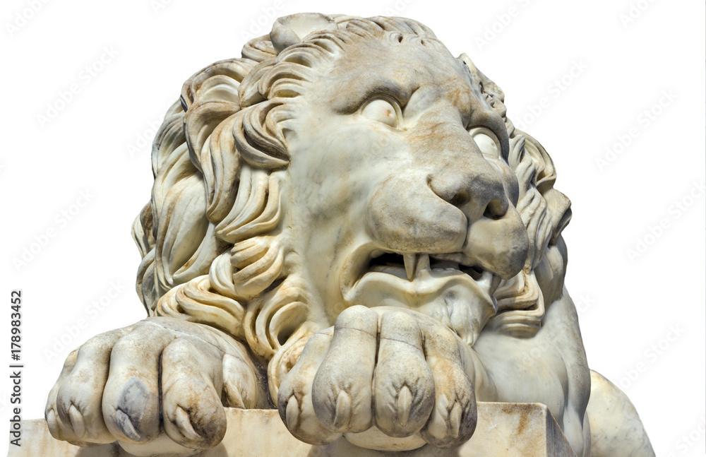 Ancient sculpture marble lion Isolated on a white