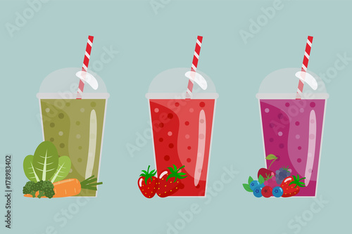 Cartoon smoothies. Strawberry, berry, green  smoothies.