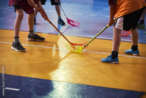 Close view of floorball players during mach n