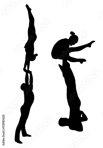 acrobatic stunt. Gymnasts acrobats vector black silhouette. Gymnasts acrobats vector