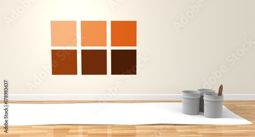 Quadro su tela Habitación con pared pintada con diferentes colores y cubos de pintura