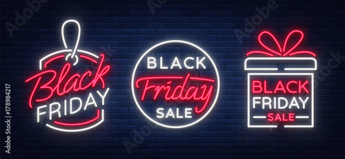 Black Friday set collection neon advertising, discounts, sales, neon bright banner sign. Glowing sign for your projects