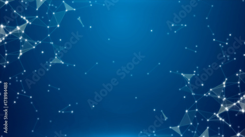 Glowing, moving triangles and particles on a blue abstract background
