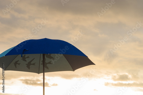 Parasol on a sandy beach along the sea at sunrise