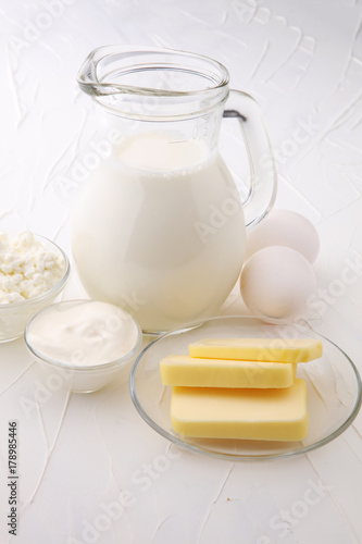 still life with dairy products, milk, eggs, butter with a lot of calcium.