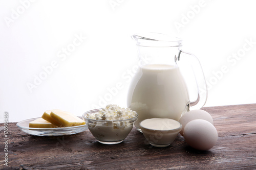 still life with dairy products, milk, eggs, butter with a lot of calcium.