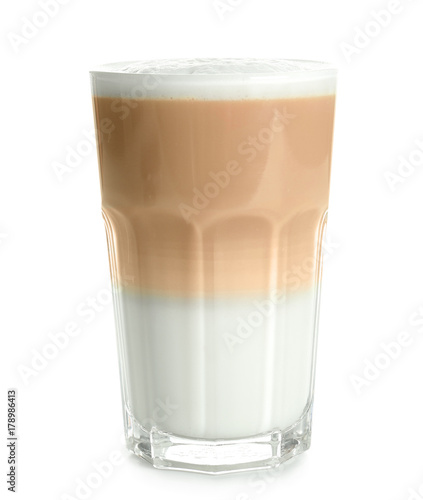 Glass with latte macchiato on white background