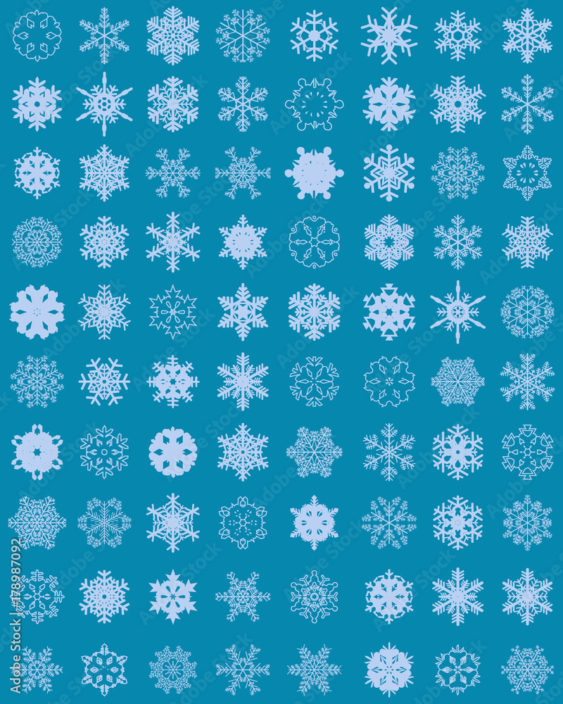Set of different white snowflakes on a blue background Set of different white snowflakes on a blue background