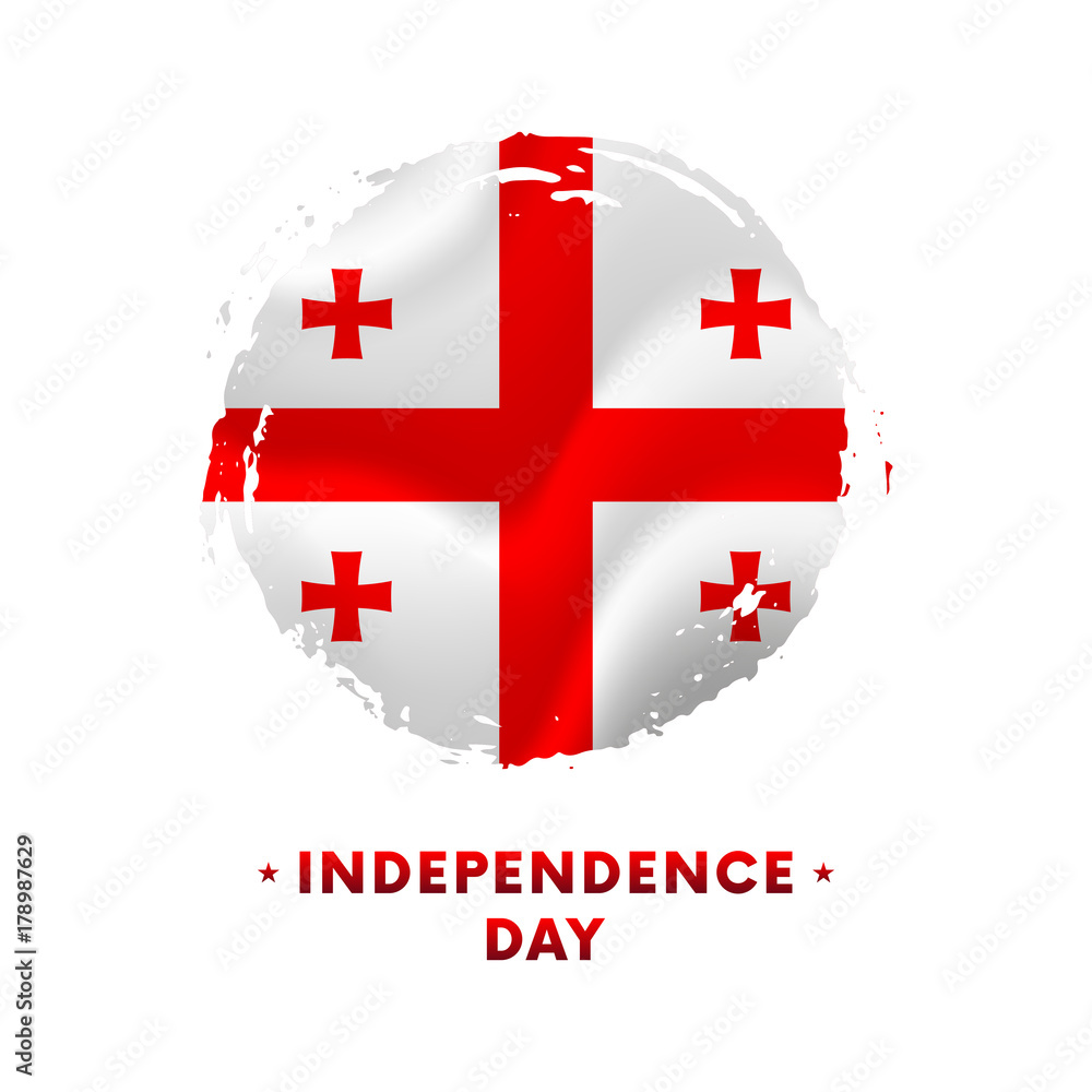 Obraz premium Banner or poster of Georgia Independence Day celebration. Waving flag of Georgia, brush stroke background. Vector illustration.
