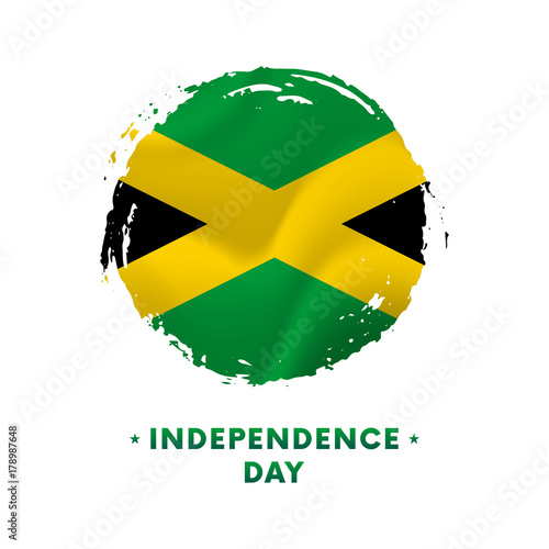 Banner or poster of Jamaica Independence Day celebration. Waving flag of Jamaica, brush stroke background. Vector illustration.