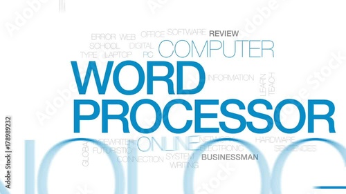 Word processor animated word cloud, text design animation. Kinetic typography.