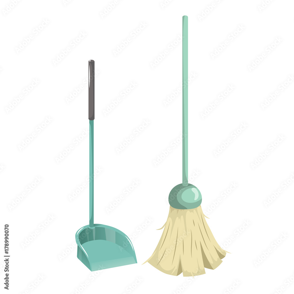 Cartoon simple gradient cleaning set objects. Green broom and plastic  dustpan with big handle. Cleaning service vector icon illustration. Stock  Vector | Adobe Stock
