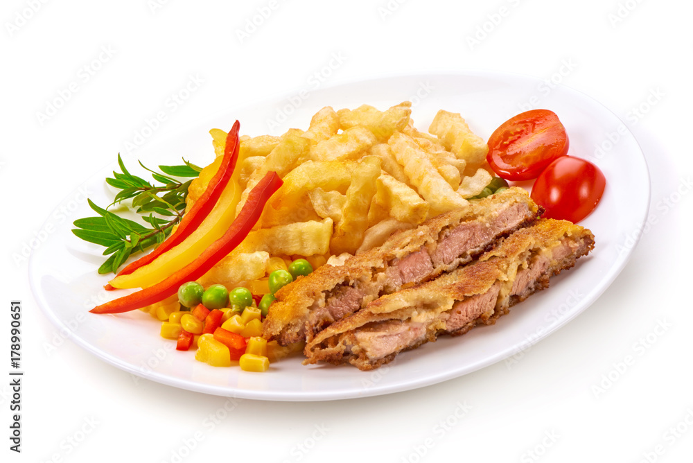 Wiener schnitzel with potatoes fries, isolated on white background Wiener schnitzel with potatoes fries, isolated on white background