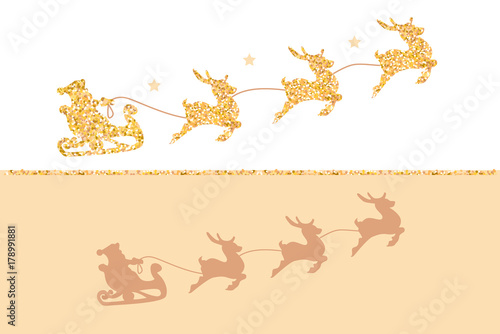 Silhouette of Santa Claus riding in a sleigh with reindeer. Gold glitter on white background.