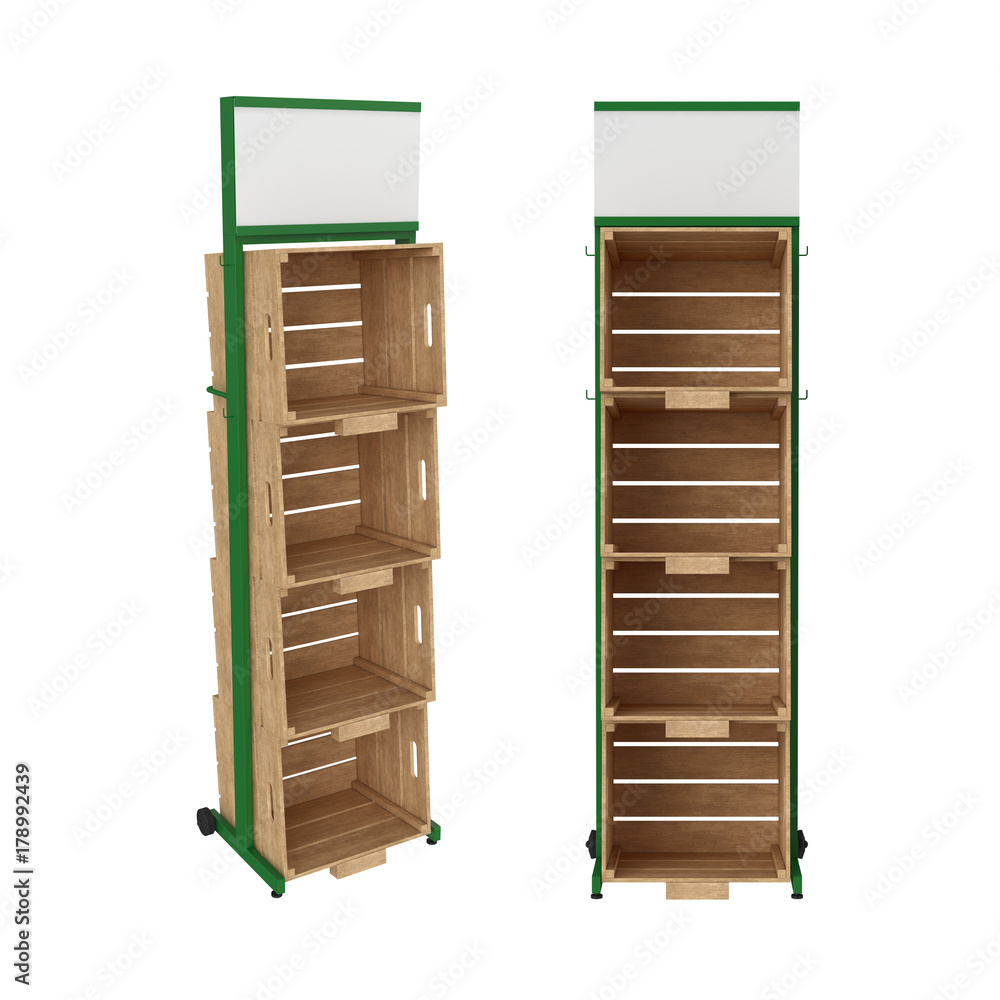 Stand made of metal with wooden drawers isolated on white background, 3D rendering Stand made of metal with wooden drawers isolated on white background, 3D rendering